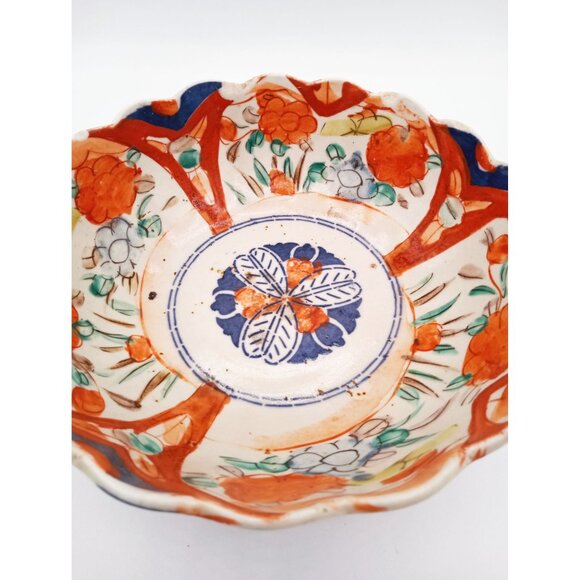 Antique Japanese Imari Porcelain Bowl Wabi-Sabi Edo - Meiji Era 1800s Scalloped - Picture 4 of 16